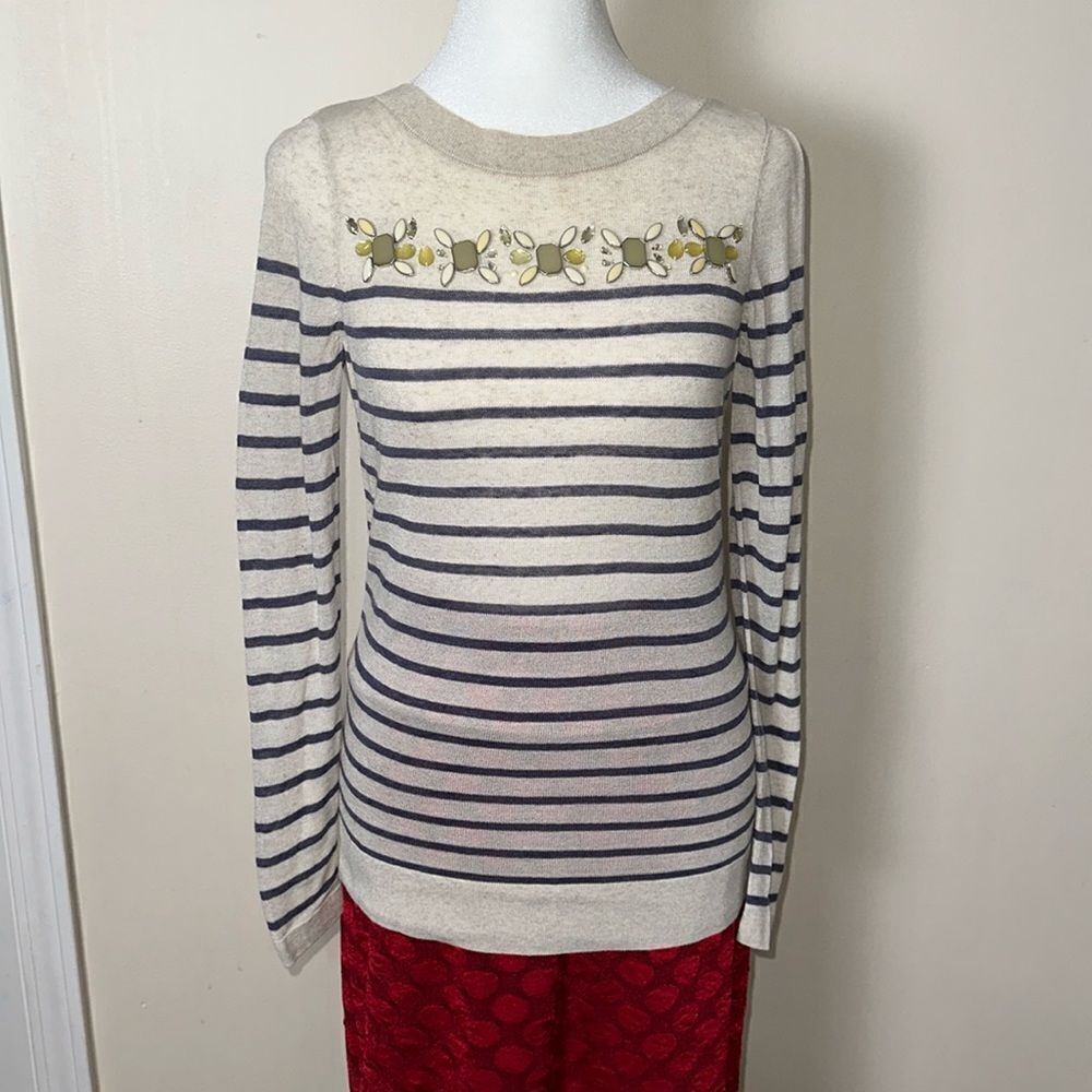 LOFT SP Boatneck Oatmeal Indigo Horizontal Stripes Embellished Beaded Sweater